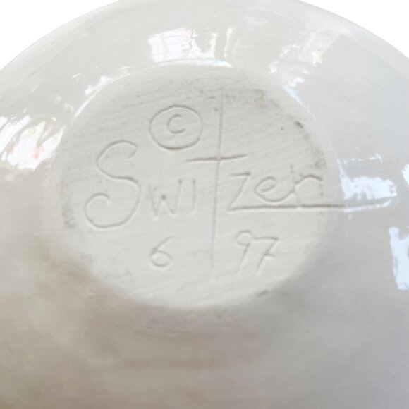 Vintage 1997 Mark Switzer Signed Bowl Orange with Blue Swirl Design 7.5" Wide - Picture 3 of 6